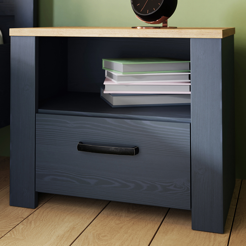Florence Bohol Single Drawer Navy Oak Bedside Table Image 1