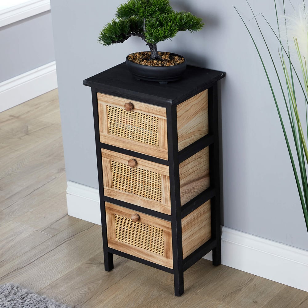 Home Source Mosina 3 Drawer Black and Rattan Solid Wooden Storage Unit Image 5
