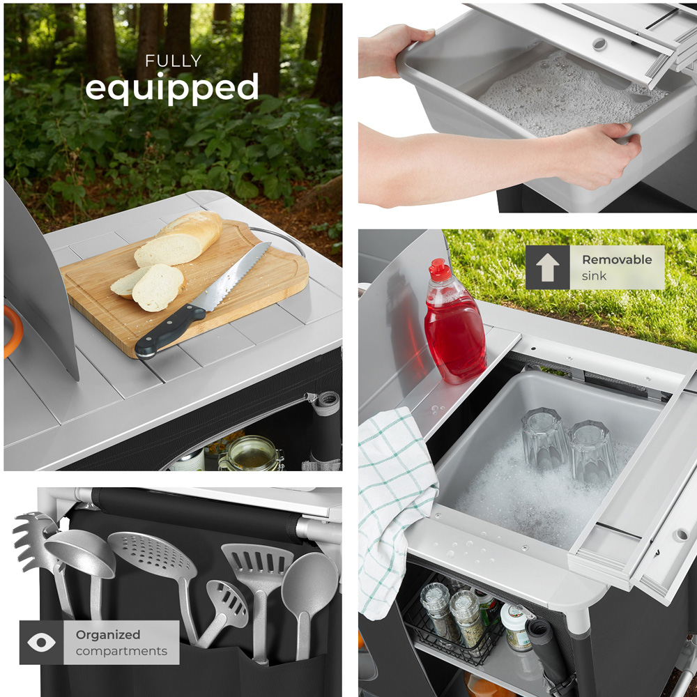 tectake Black Foldable Camping Kitchen with 4 Compartments Image 4