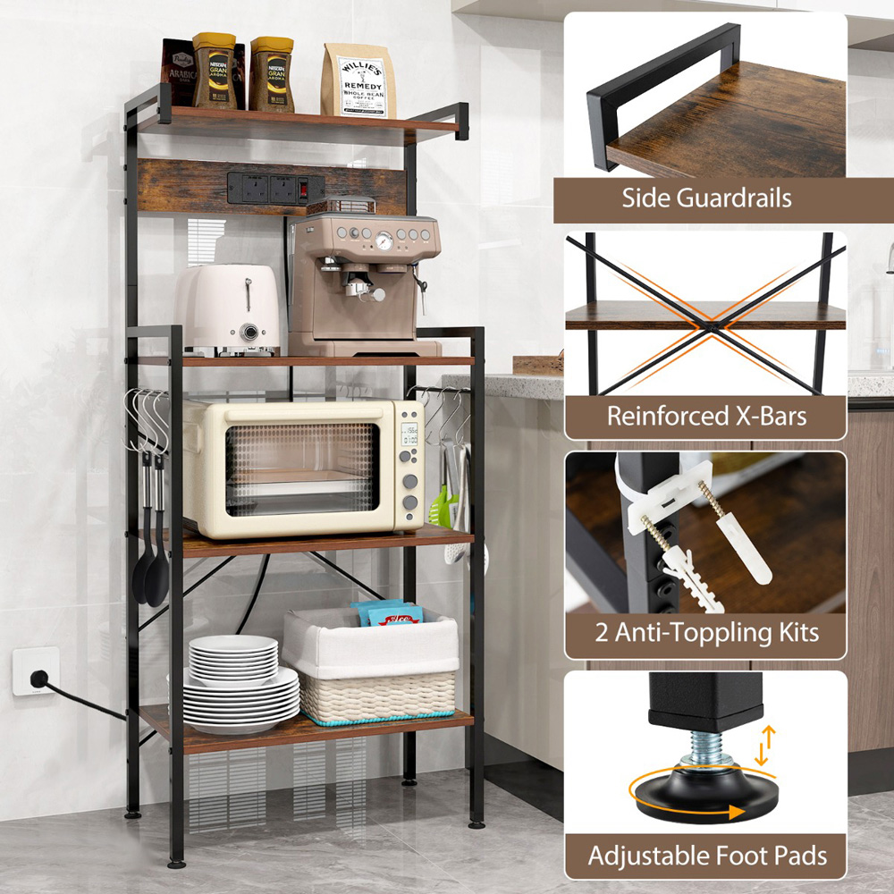 Costway 4 Tier Rustic Brown Kitchen Bakers Rack with Power Outlet and S Hooks Image 8