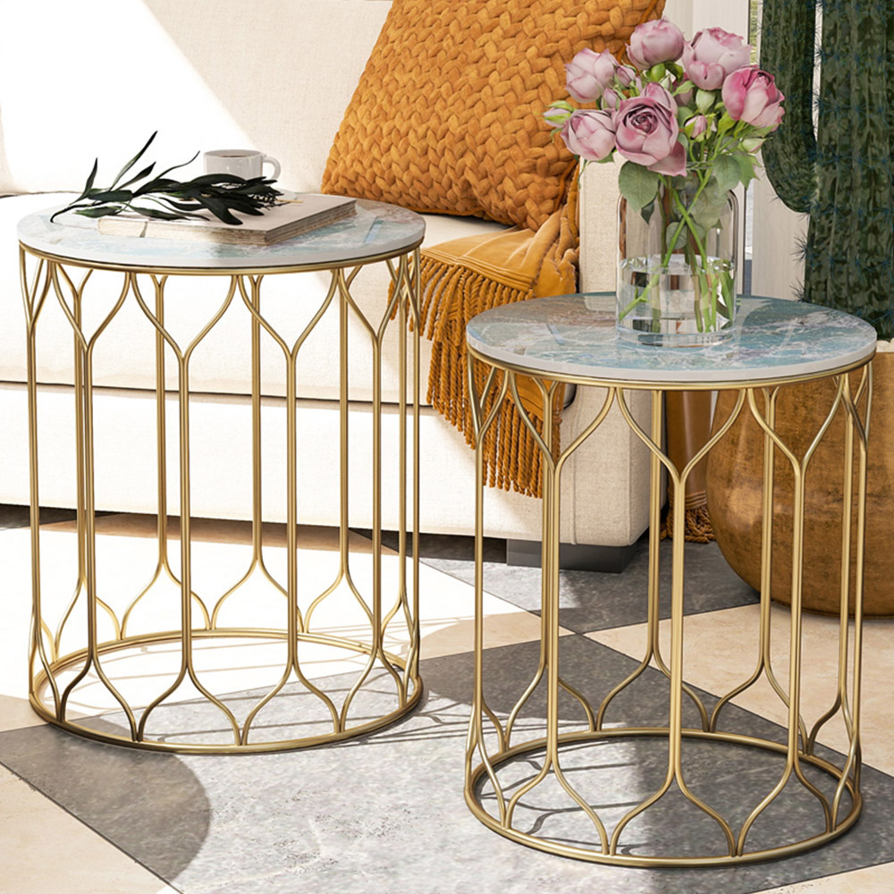 Outsunny Marble Effect Top and Multicolour Nest of Garden Tables Set of 2 Image 1