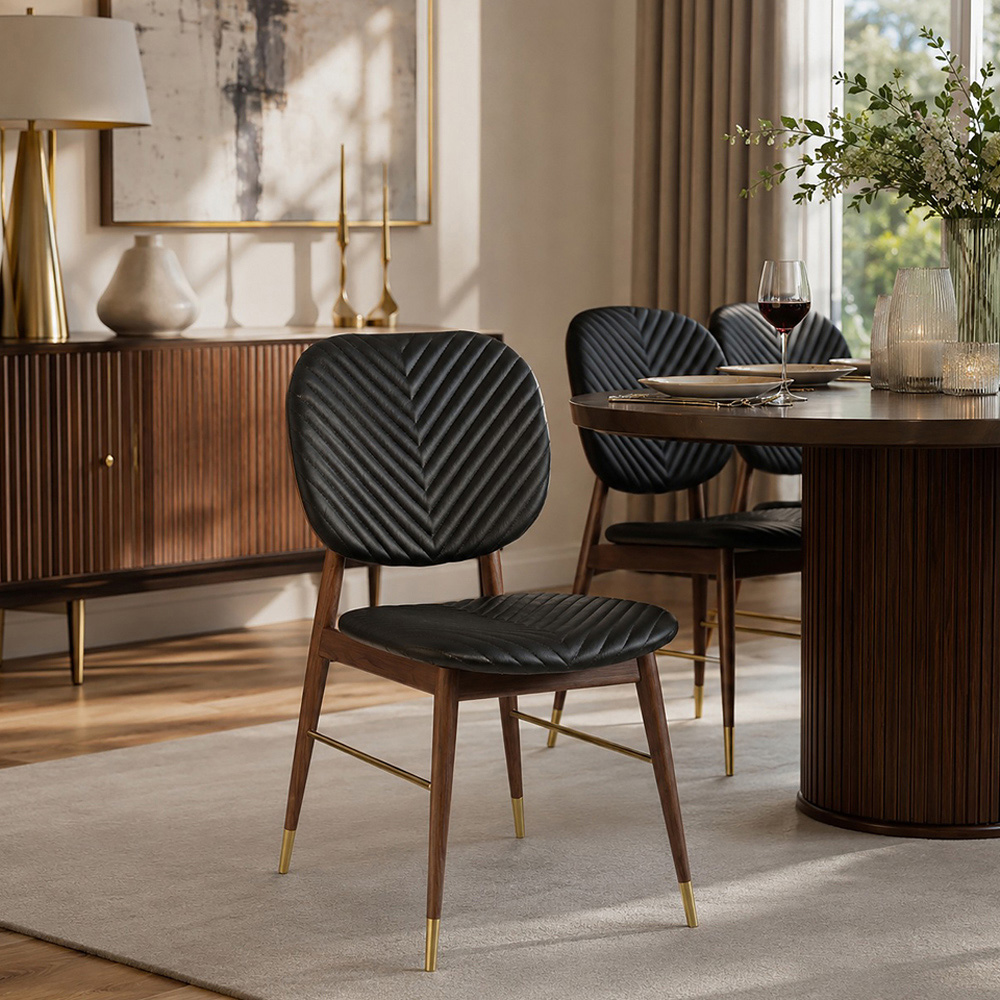 Premier Housewares Kenso Black Leather and Walnut Wood Dining Chair Image 3