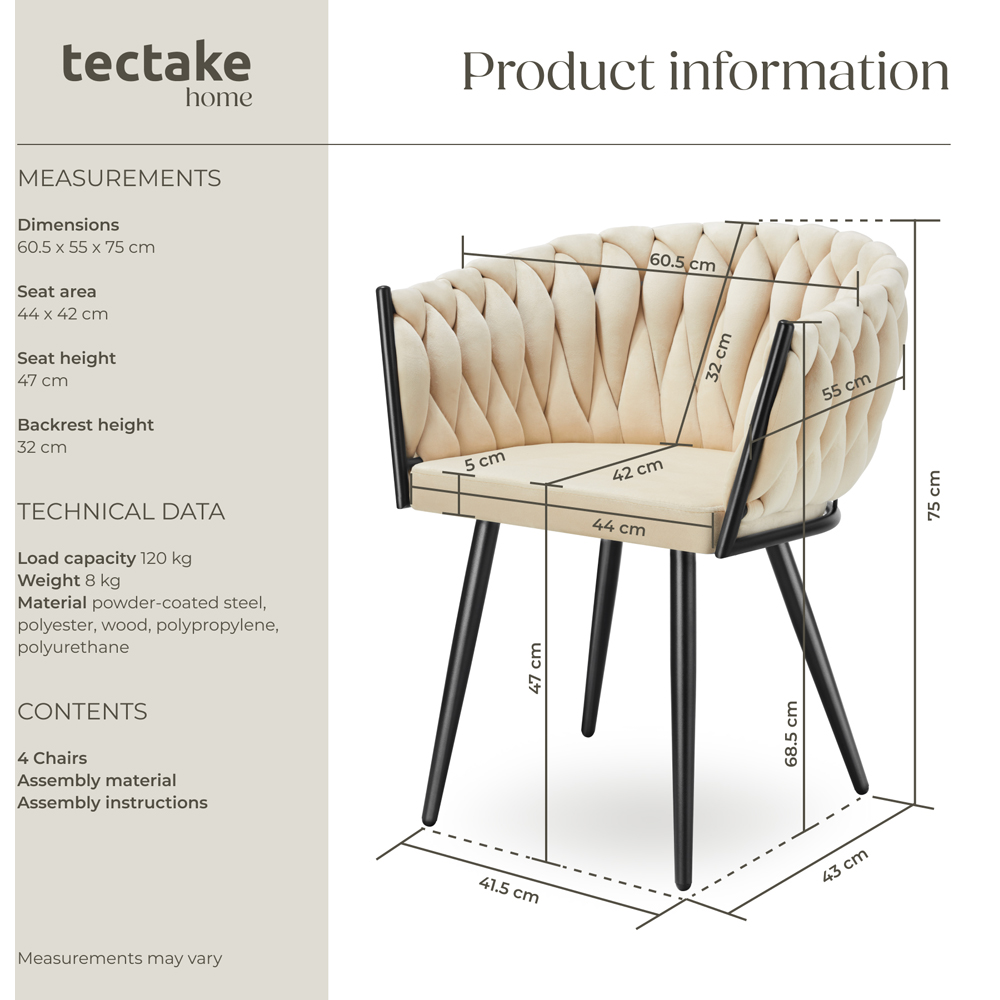 Tectake Astano Set of 4 Sand Dining Chair Image 9