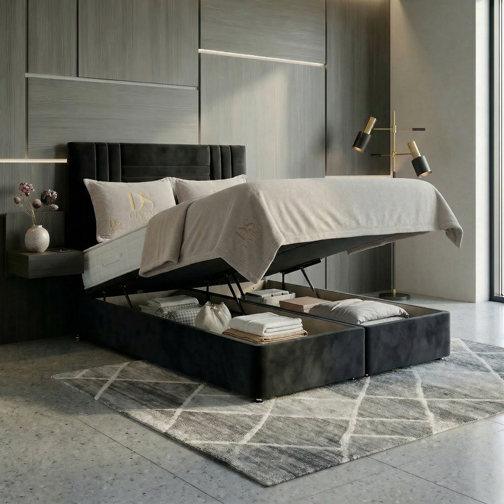 DS Living Orion Double Black Plush Ottoman Bed Image 2