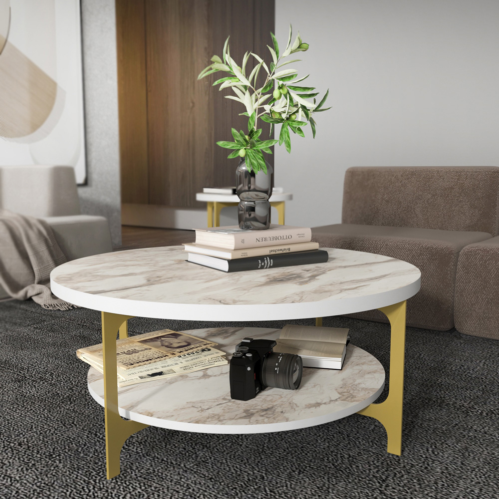 Decorotika Versy Single Shelf White Marble Effect and Gold Metal Leg Round Coffee Table Image 6