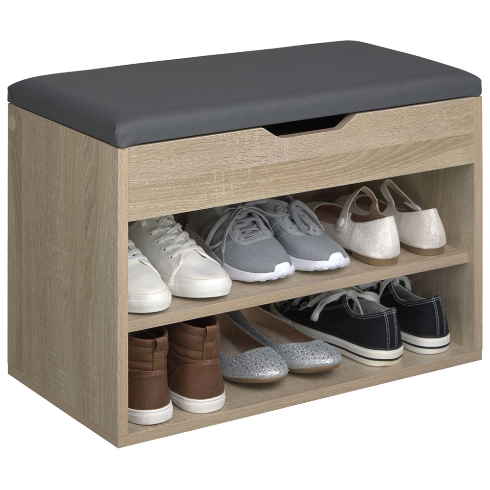 tectake Jasmina 2 Shelf Light Oak Sonoma Shoe Rack Bench with Cushion Image 3