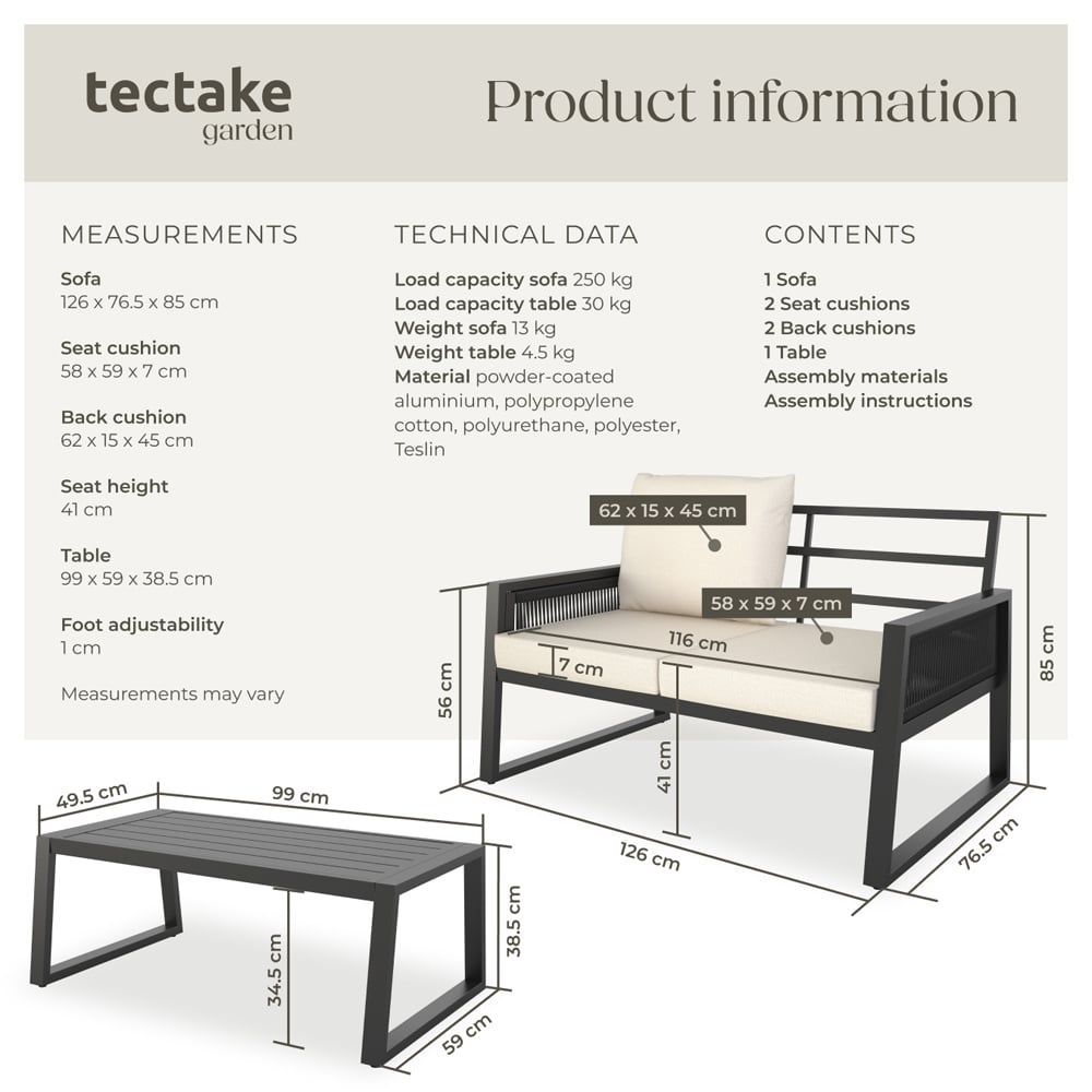 tectake Capri 2 Seater Corded Design Garden Sofa Set with Cushion Image 9