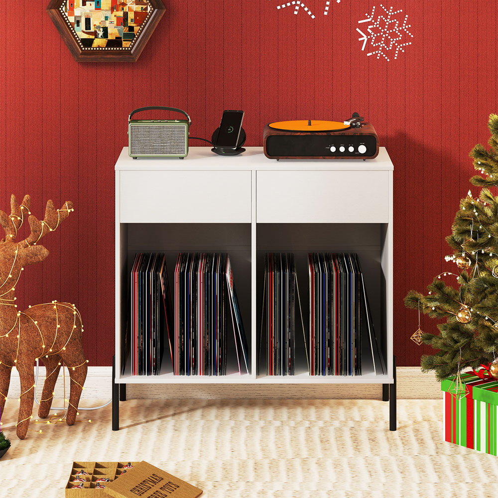 Costway 2 Drawer White Record Player Stand with Power Outlet Image 4