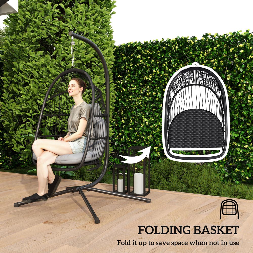 Outsunny Dark Grey Rattan Hanging Egg Chair with Stand and Cushion Image 6