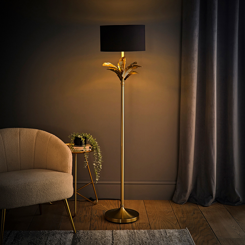 ValueLights Christina Black and Gold Drum Palm Leaf Floor Lamp and Bulb Image 2