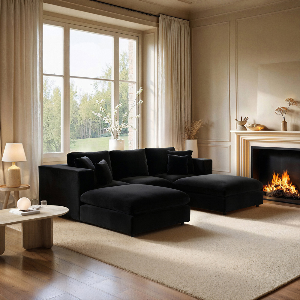 SOLACE+CO Asher 4 Seater Black Velvet U Shape Sofa with Footstool Image 7