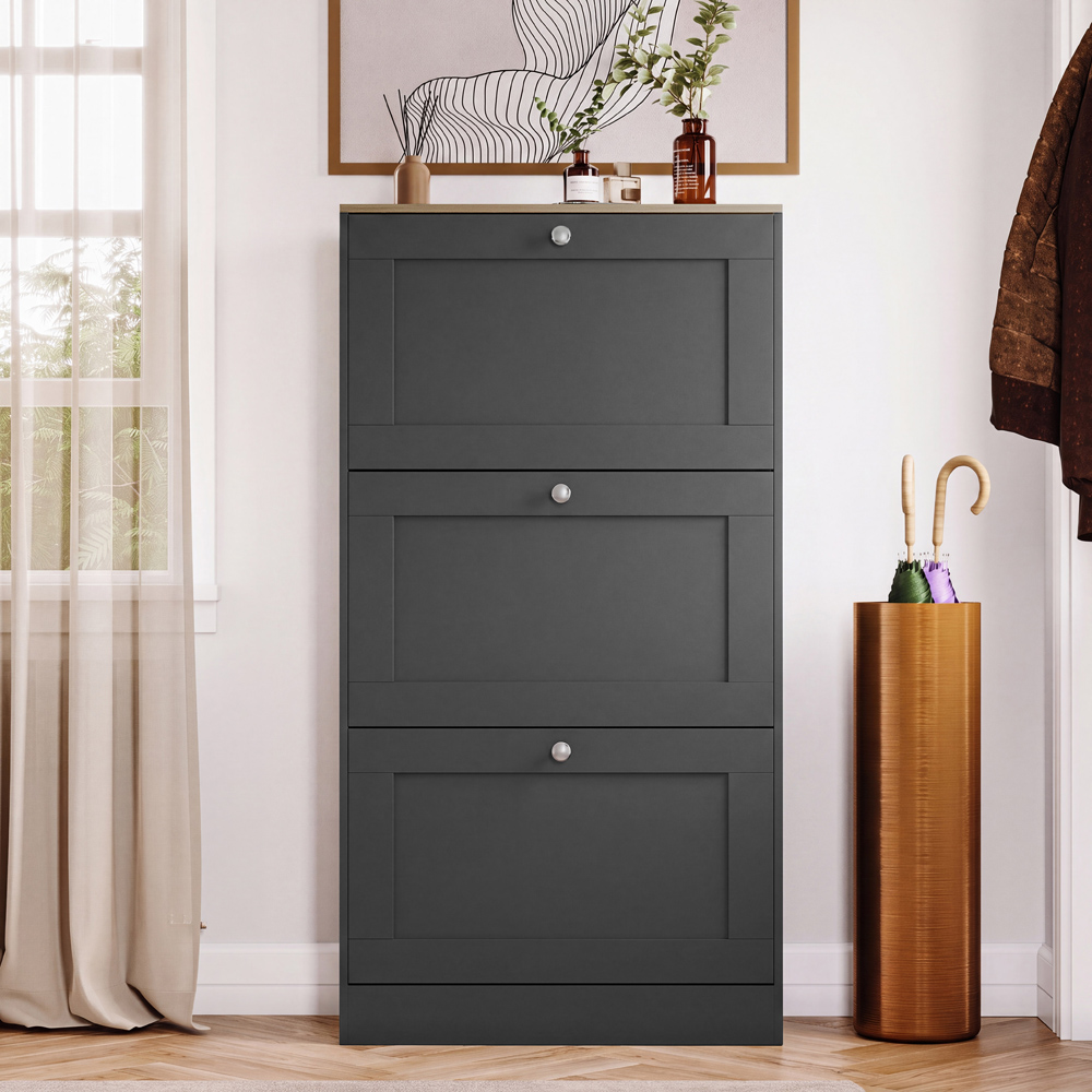 Vida Designs Altino 3 Flip Down Drawer Charcoal Grey and Oak Shoe Cabinet Image 3