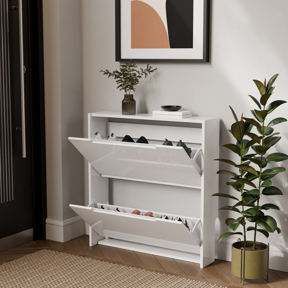 GFW 2 Tier White High Gloss Narrow Shoe Cabinet Image 4