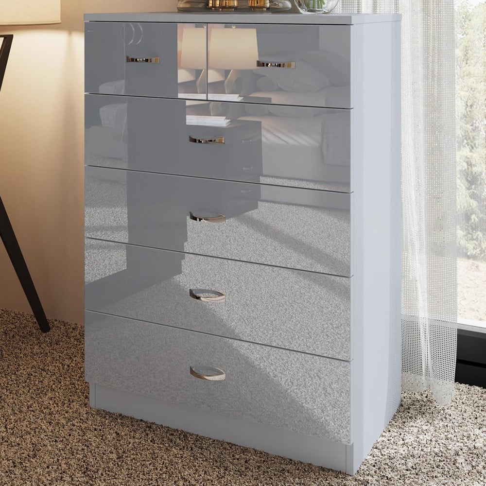 FWStyle Chilton 6 Drawer Grey Gloss Chest of Drawers Image 1