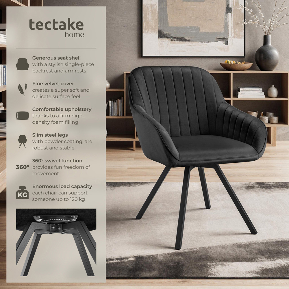 tectake Set of 4 Black Velvet Fabric Lounge Armchair Image 6
