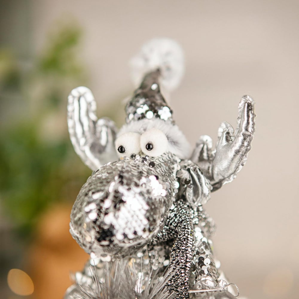 Marco Paul Plush Reindeer Sleigh Silver Sequins Christmas Decoration Image 3