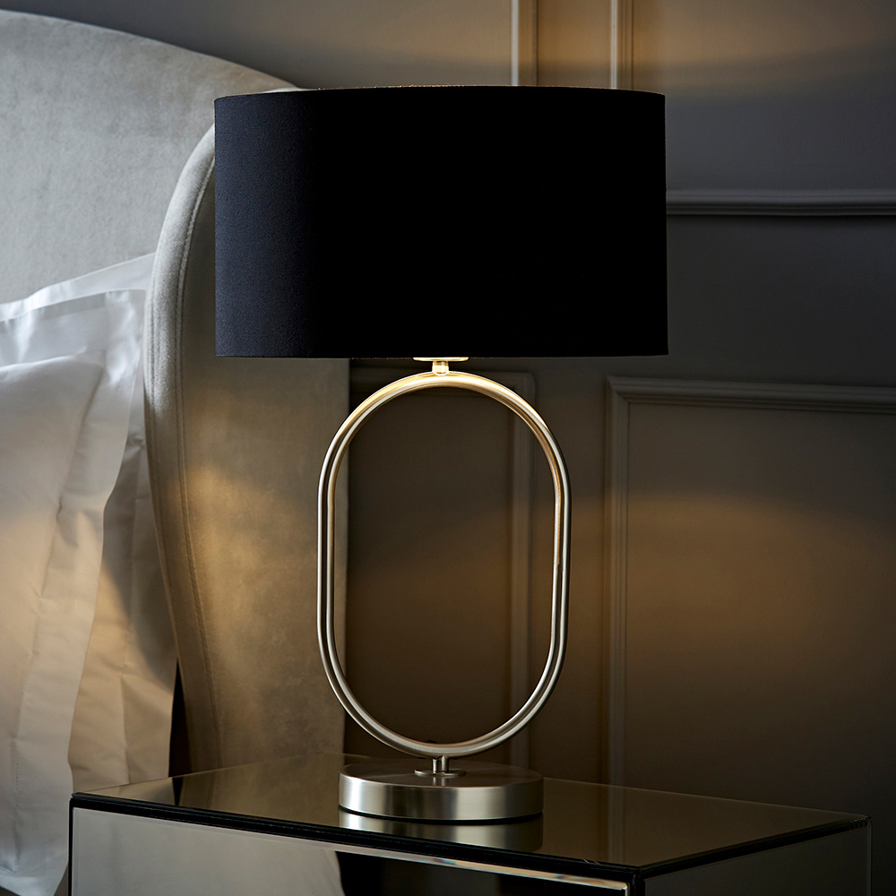 ValueLights Antonia Black with Chrome Drum Shade Brushed Chrome Oval LED Table Lamp Image 6