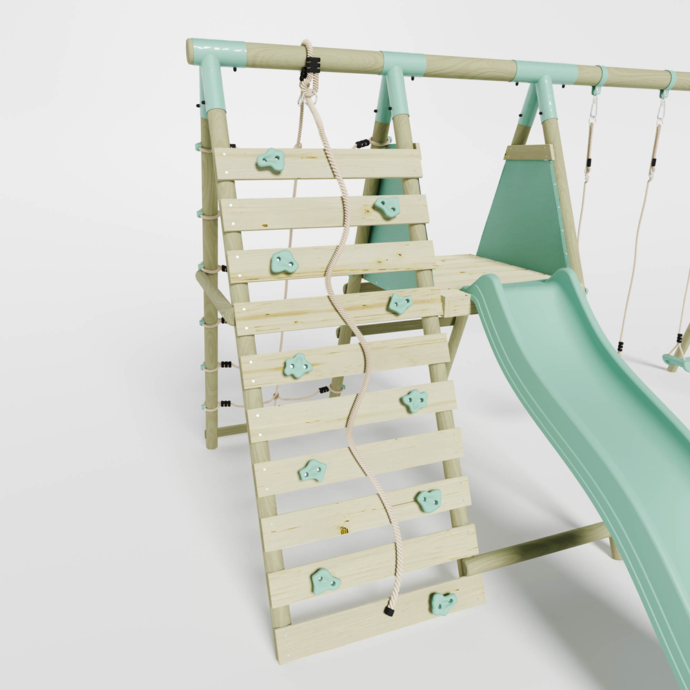 Mercia Wooden Round Pole Double Swing Set with Climbing Wall and Slide Image 8