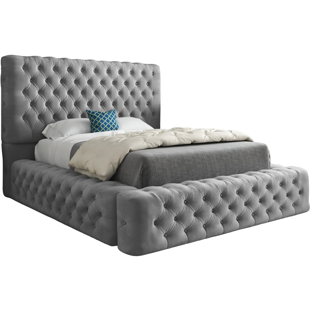 Grand Milan Grey Double Upholstered Bed Frame with Pleated Chesterfield Headboard Image 2