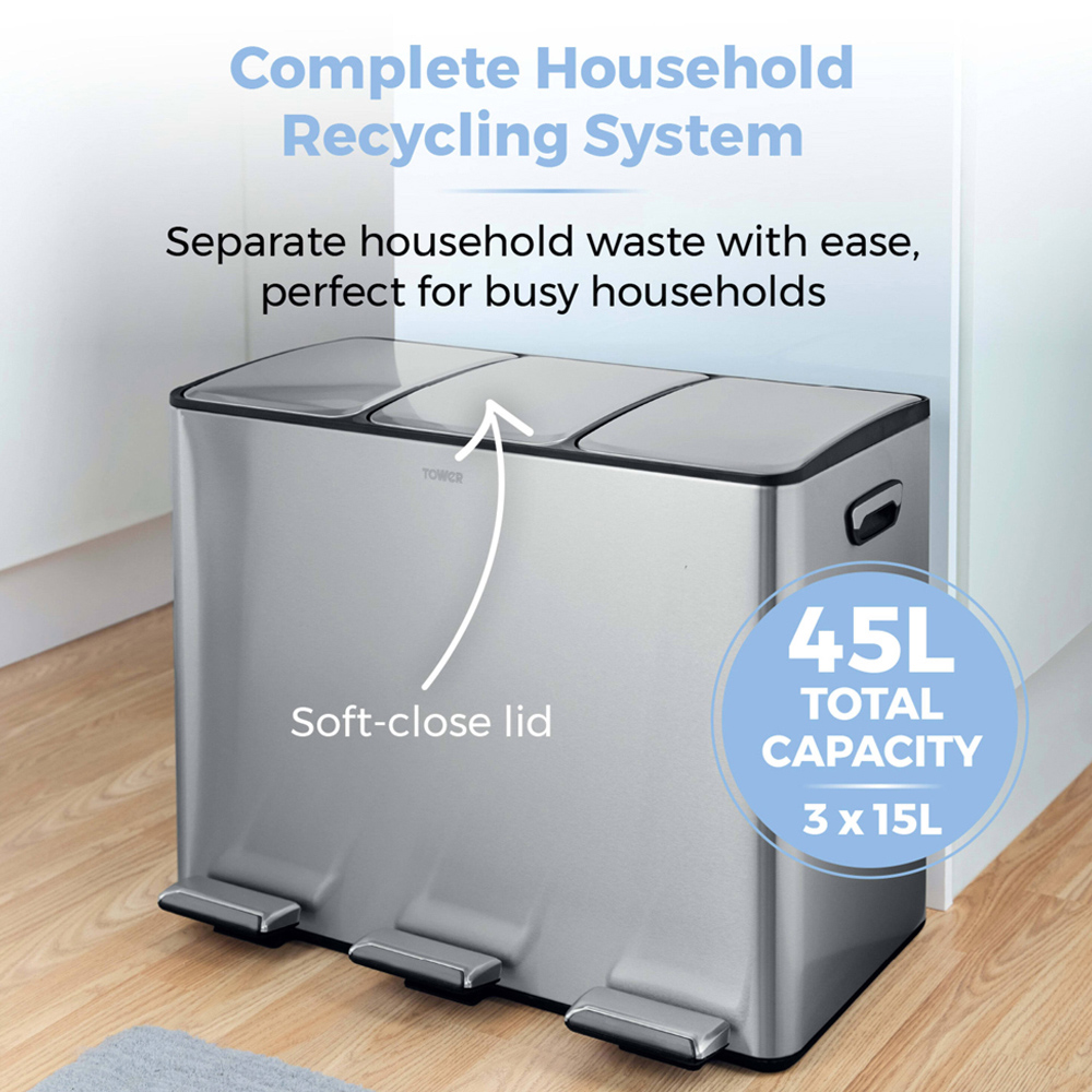 Tower Triple Recycling Silver Pedal Bin 45L Image 3