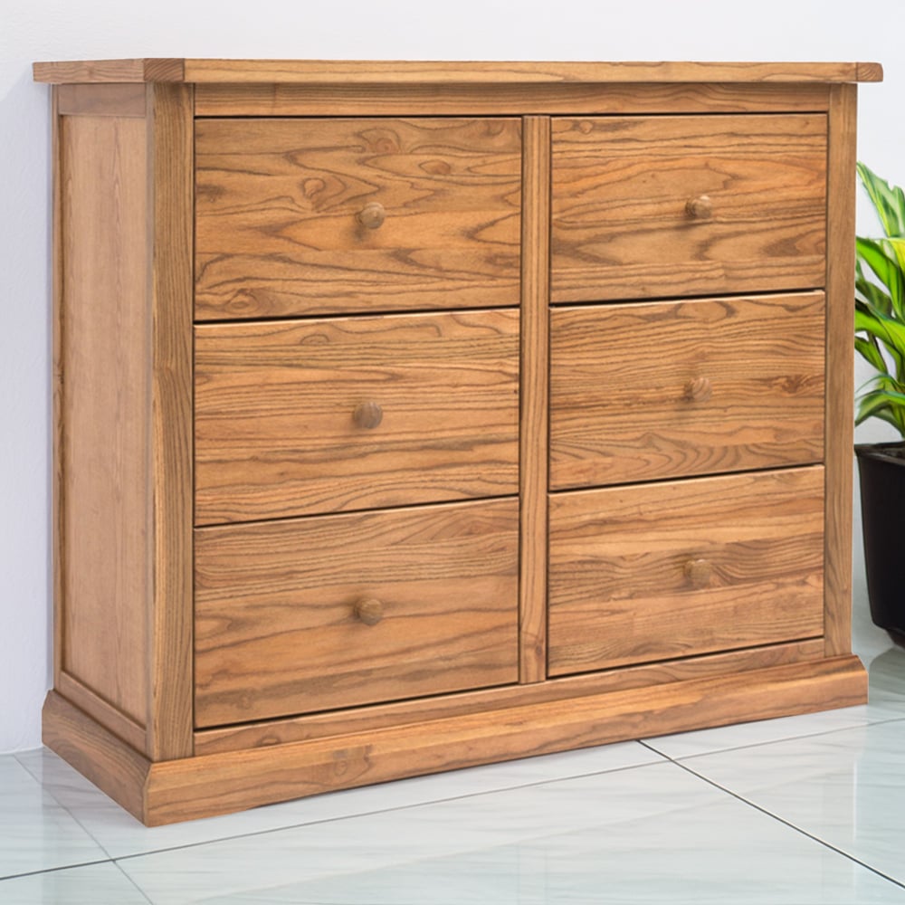 Cabinet Bits Salerno 6 Drawer Brown Wood Knob Chest of Drawers Image 1