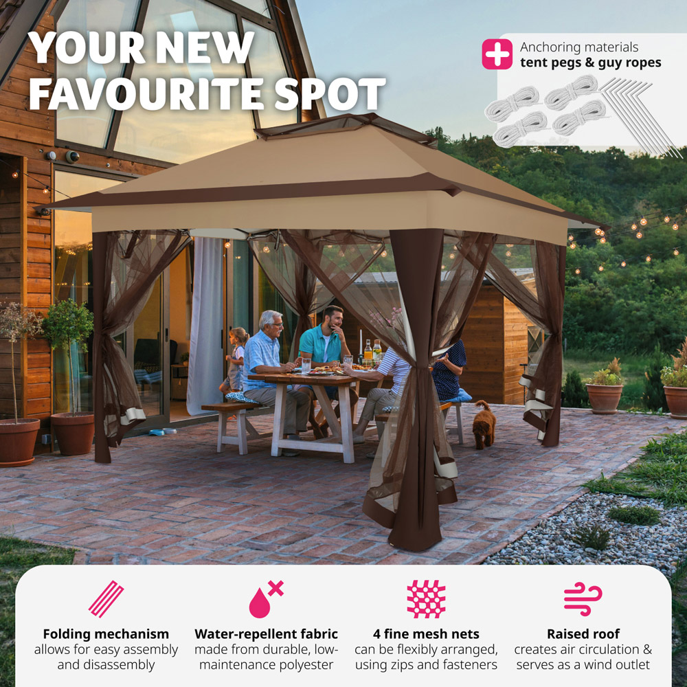 tectake Carabobo 3.64 x 3.64m Brown 4 Side Panel Gazebo Image 3