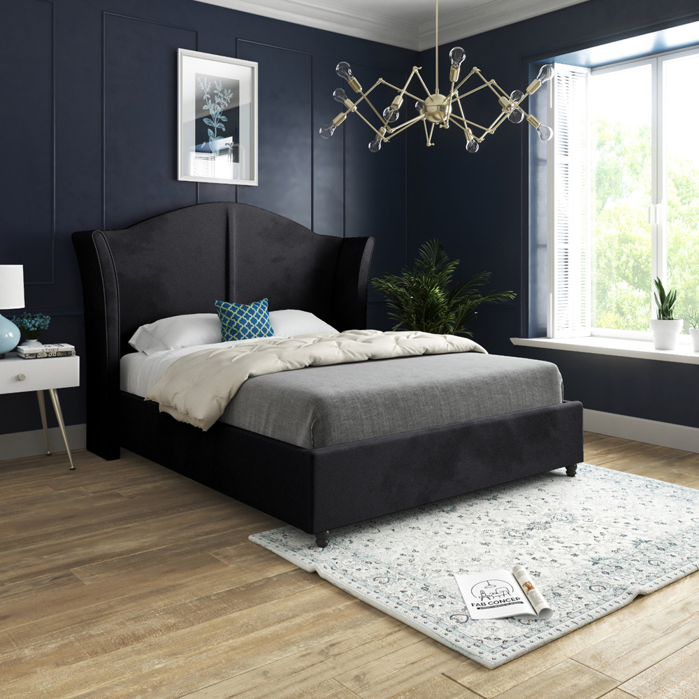 Zampa Double Black Soft Velvet Upholstered Bed Frame with Curved Winged Headboard Image 5