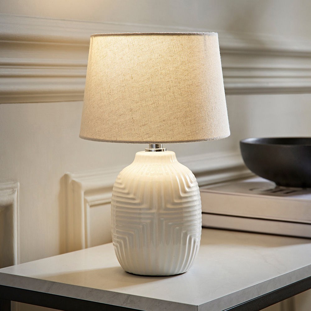 ValueLights Harrison Taper Shade White Geo Ribbed Pattern Gloss Small LED Table Lamp Image 6
