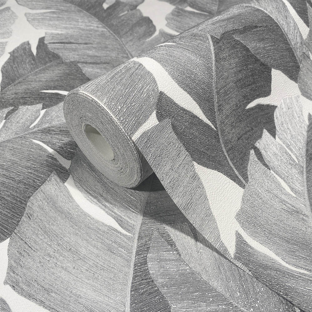 Galerie Industrial Effects Tropical Leaf Dark Silver Grey and White Wallpaper Image 2
