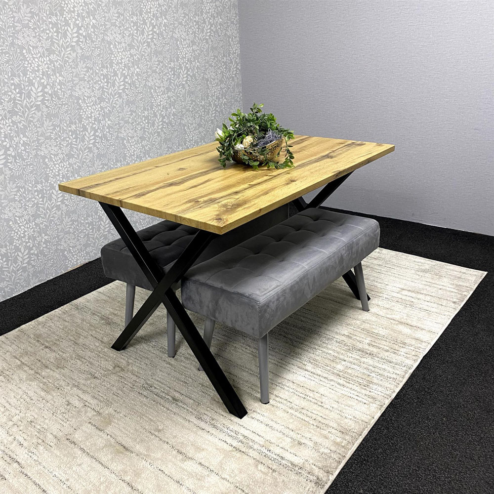 Kosy Koala 4 Seater Wooden and Grey Tufted Velvet Rectangular Table Set with Benches Image 4