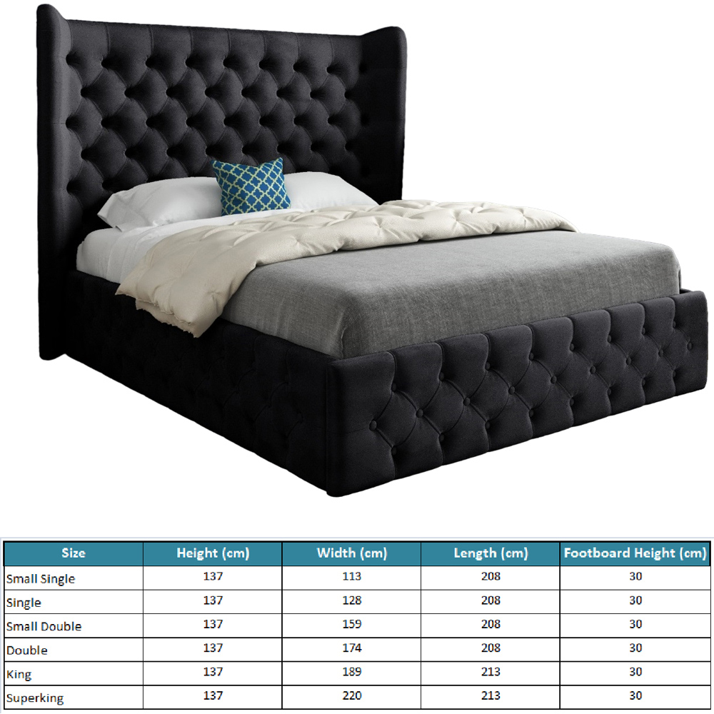 Florence Black Single Velvet Upholstered Bed Frame with Wide Winged Chesterfield Headboard Image 7