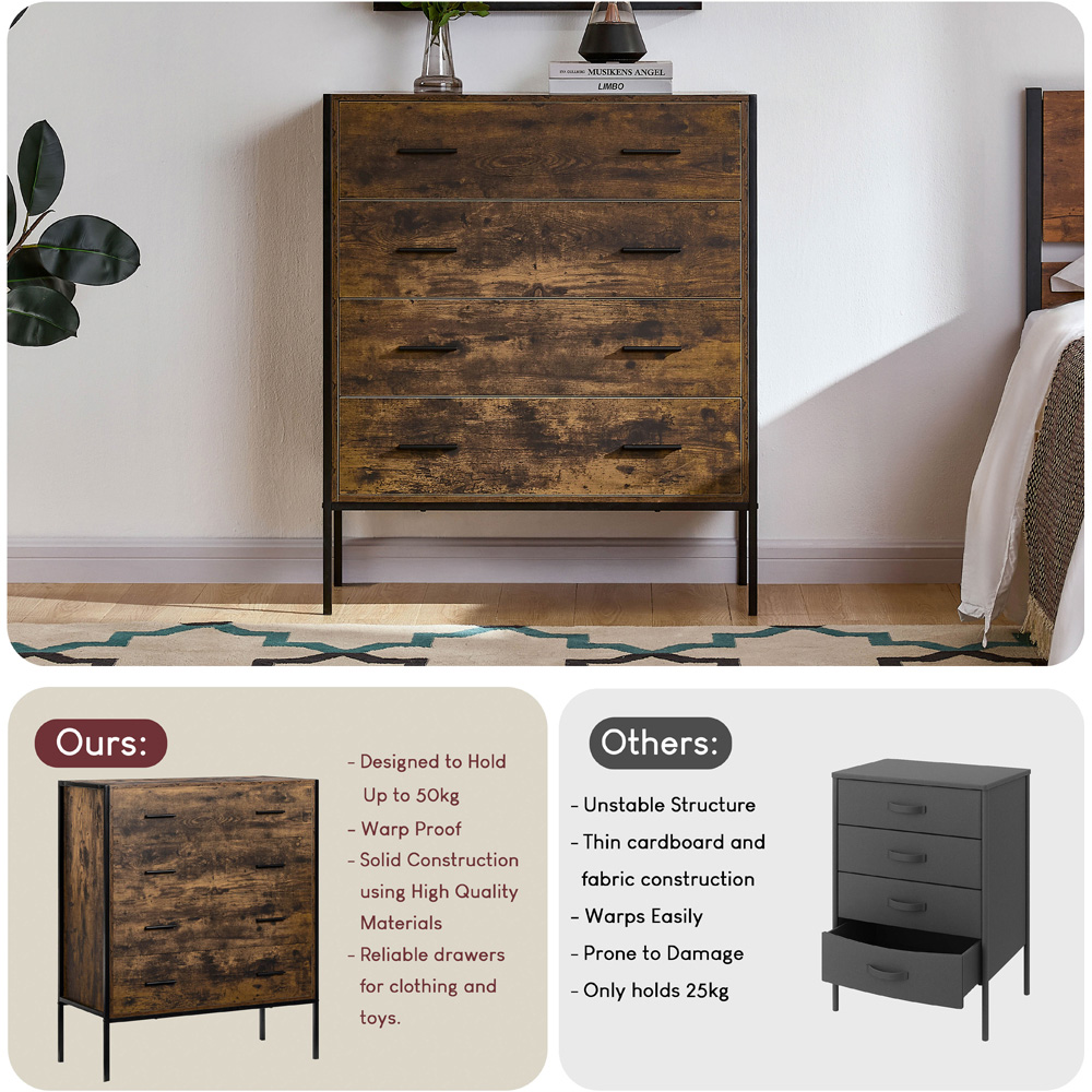Vida Designs Brooklyn 4 Drawer Dark Wood Rustic Metal Frame Chest of Drawers Image 5