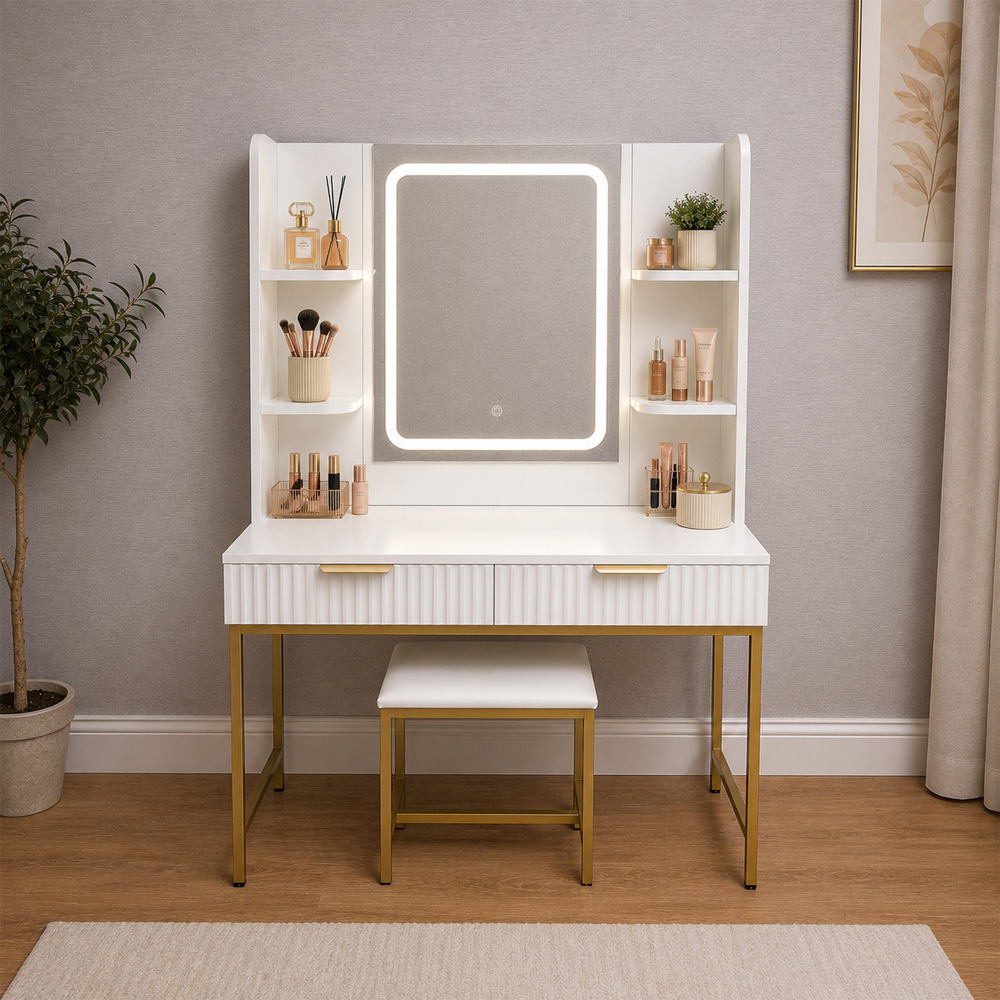 Kosy Koala Annabelle 2 Drawer 4 Shelf White and Gold Dressing Table Set with LED Mirror Image 2