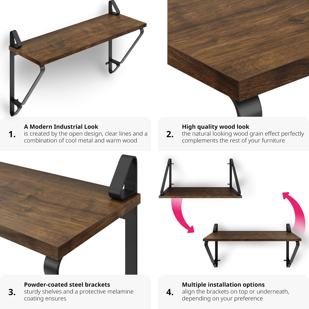 tectake Irvine Dark Wood Wall Shelf Set of 2 Image 5