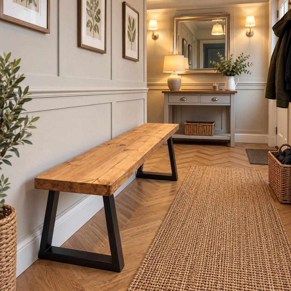 Homebase Mid Oak Redwood Sleek and Slender Bench 90cm Image 3