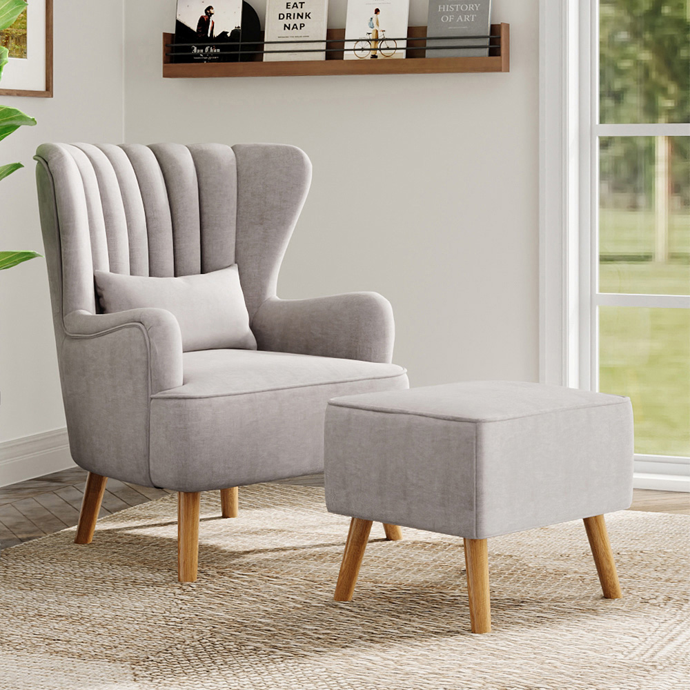 Living and Home Grey Modern Wing Back Armchair with Footstool Image 3