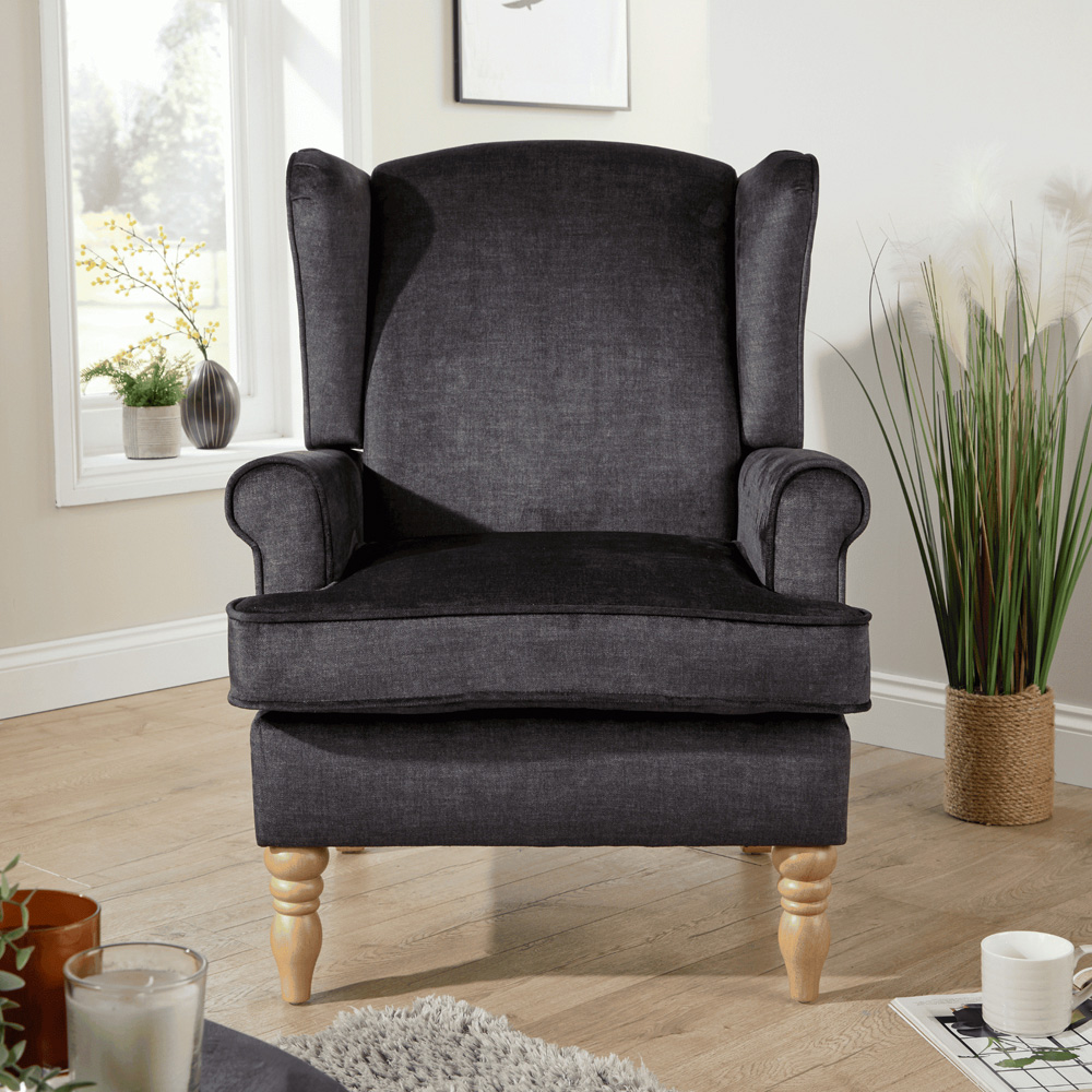 Home Source Helena Charcoal Wingback Armchair with Wooden Legs Image 6