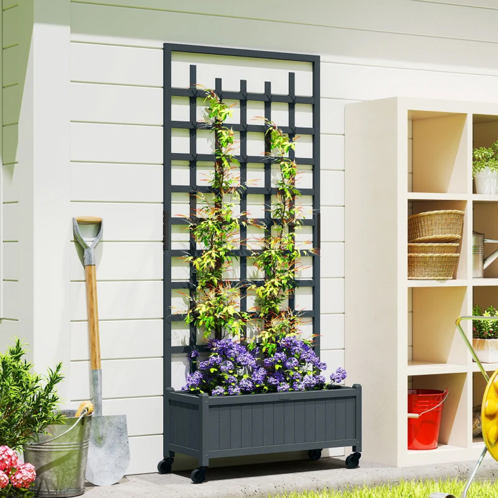 Outsunny Grey Wooden Raised Garden Bed Planter with Trellis and Wheels Image 2
