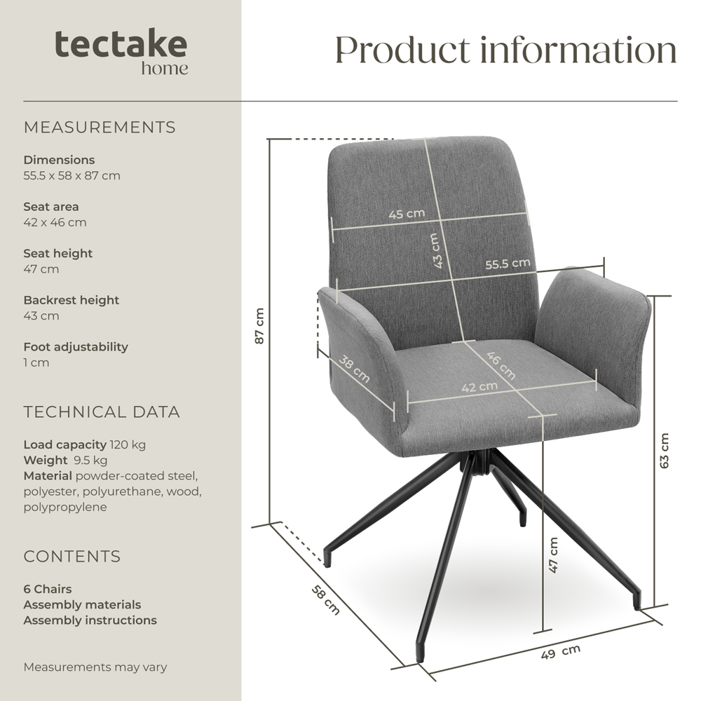 tectake Daya Set of 6 Anthracite Upholstered Swivel Chair Image 9