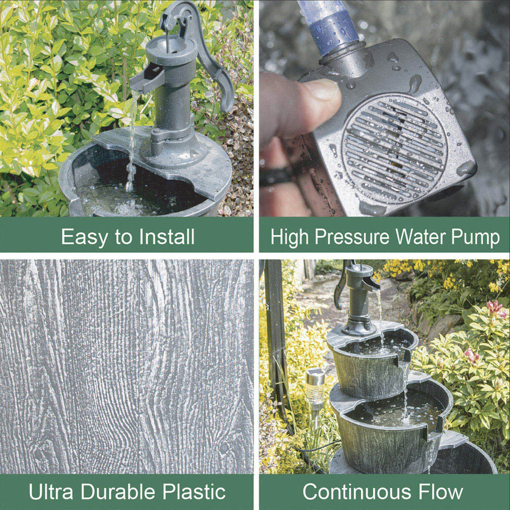 3 Tier Antique Silver Barrel Fountain, Cascading Water Feature Weatherproof Design