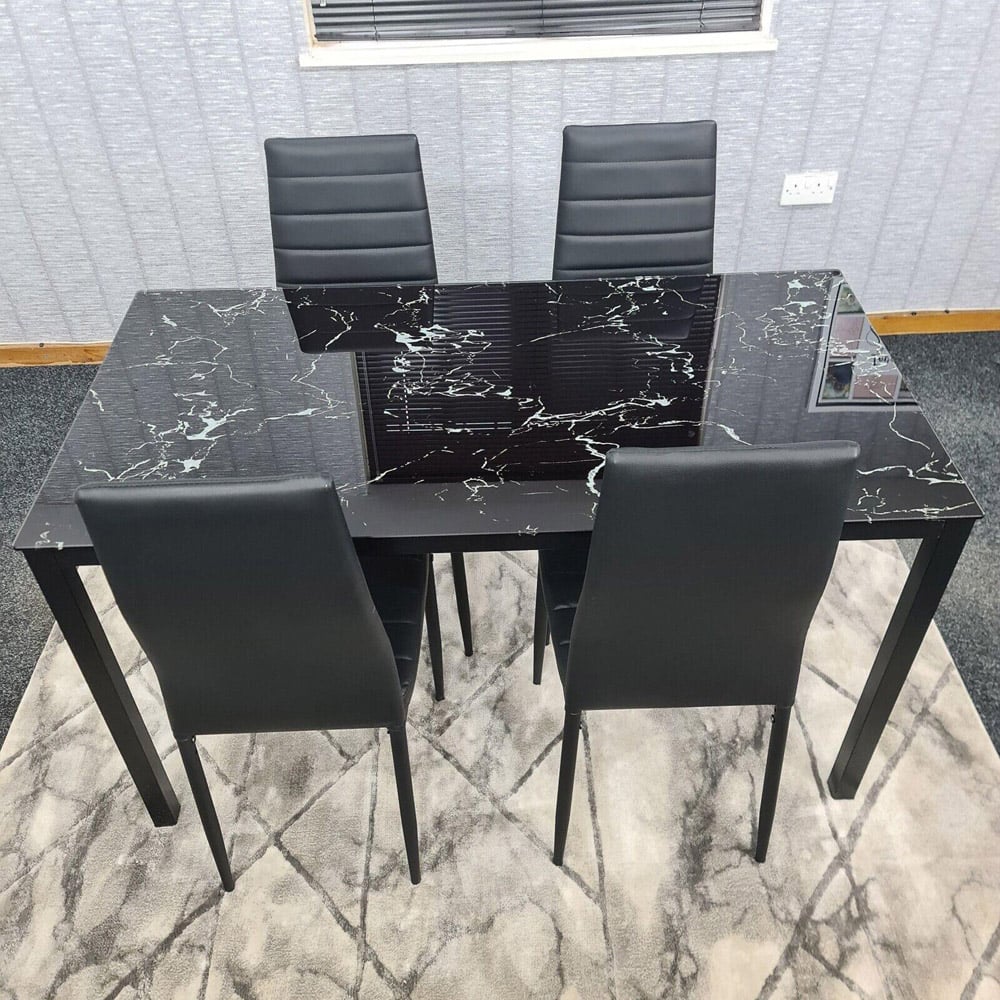 Portland Marble Effect Glass 4 Seater Leather Dining Set Black Image 4