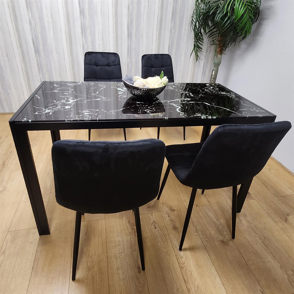 Portland Marble Effect Glass 4 Seater Velvet Dining Set Black Image 4