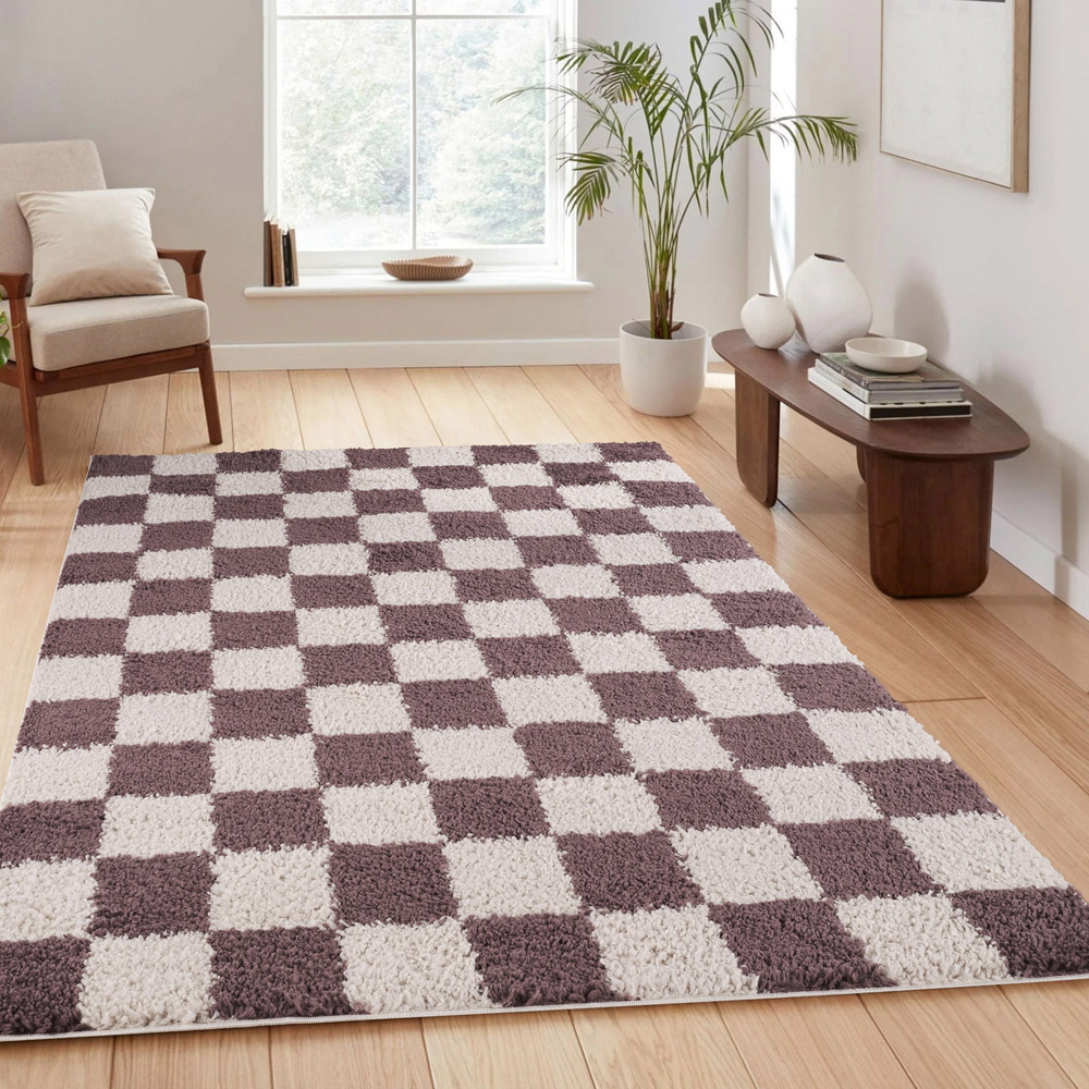 Desire Rugs Chester Lilac Shaggy Checkered Rug 200 x 290cm Image 2