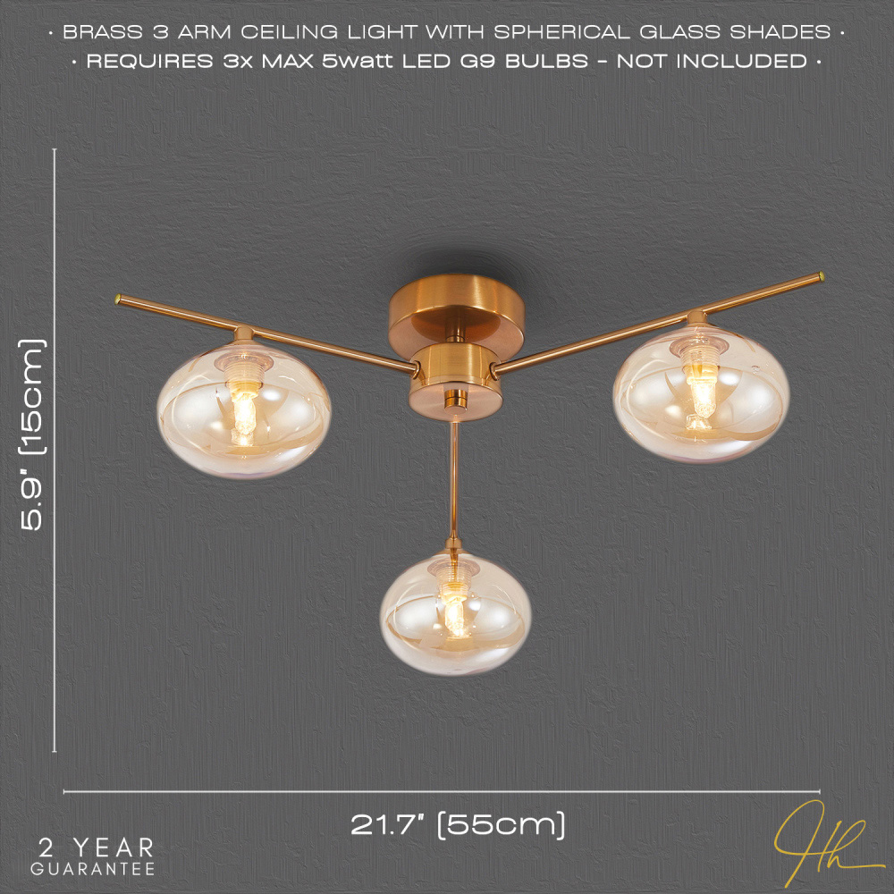Happy Homewares 3 Branch Satin Brass Ceiling Light Fitting Image 6