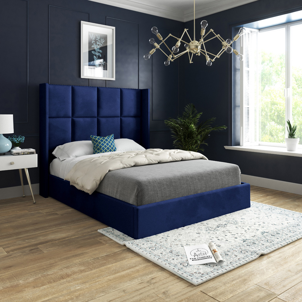 Quanta Small Double Blue Soft Velvet Upholstered Bed Frame with Straight Winged Headboard Image 5