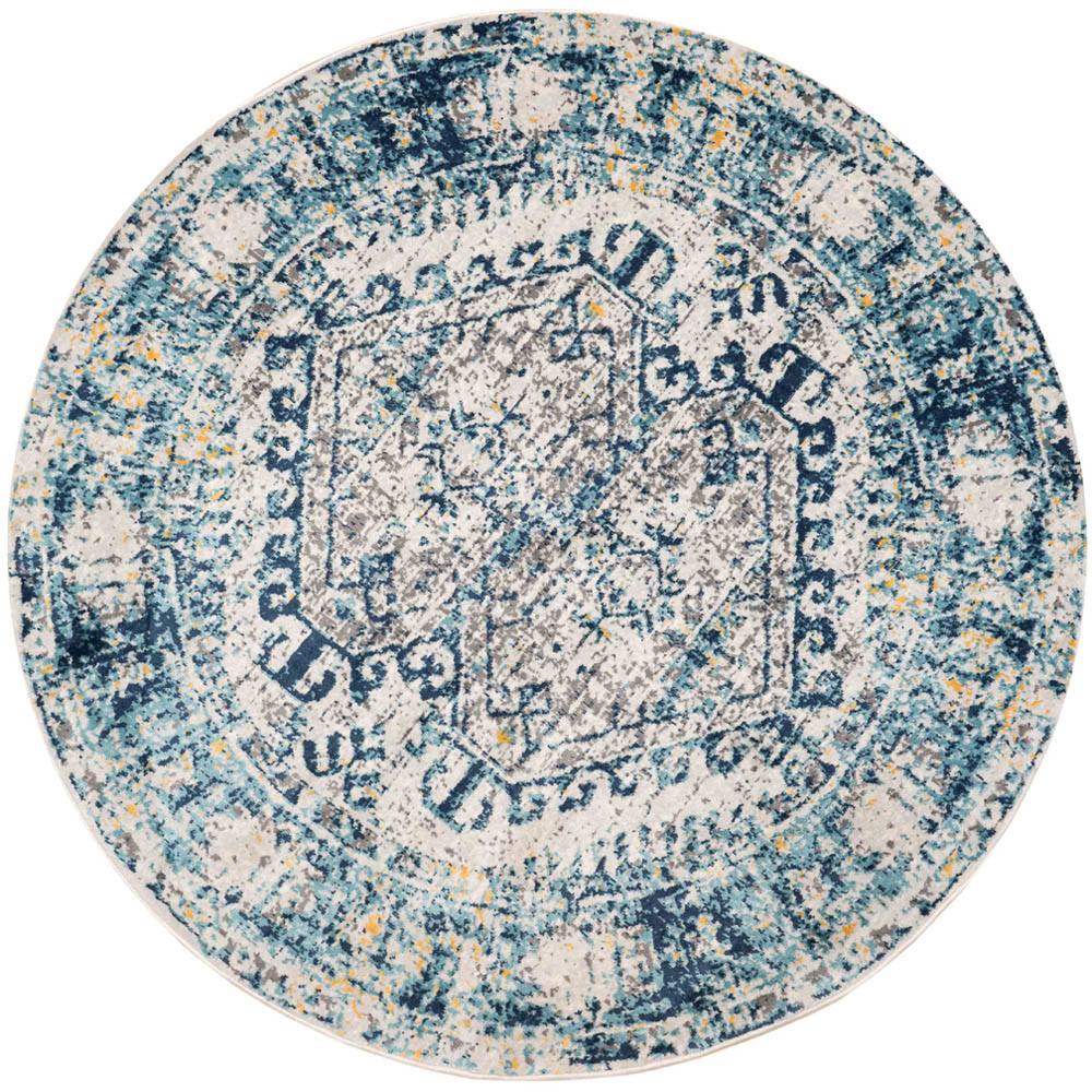 Kukoon Navy Blue and Grey Bordered Geometric Distressed Rug 160cm Image 1