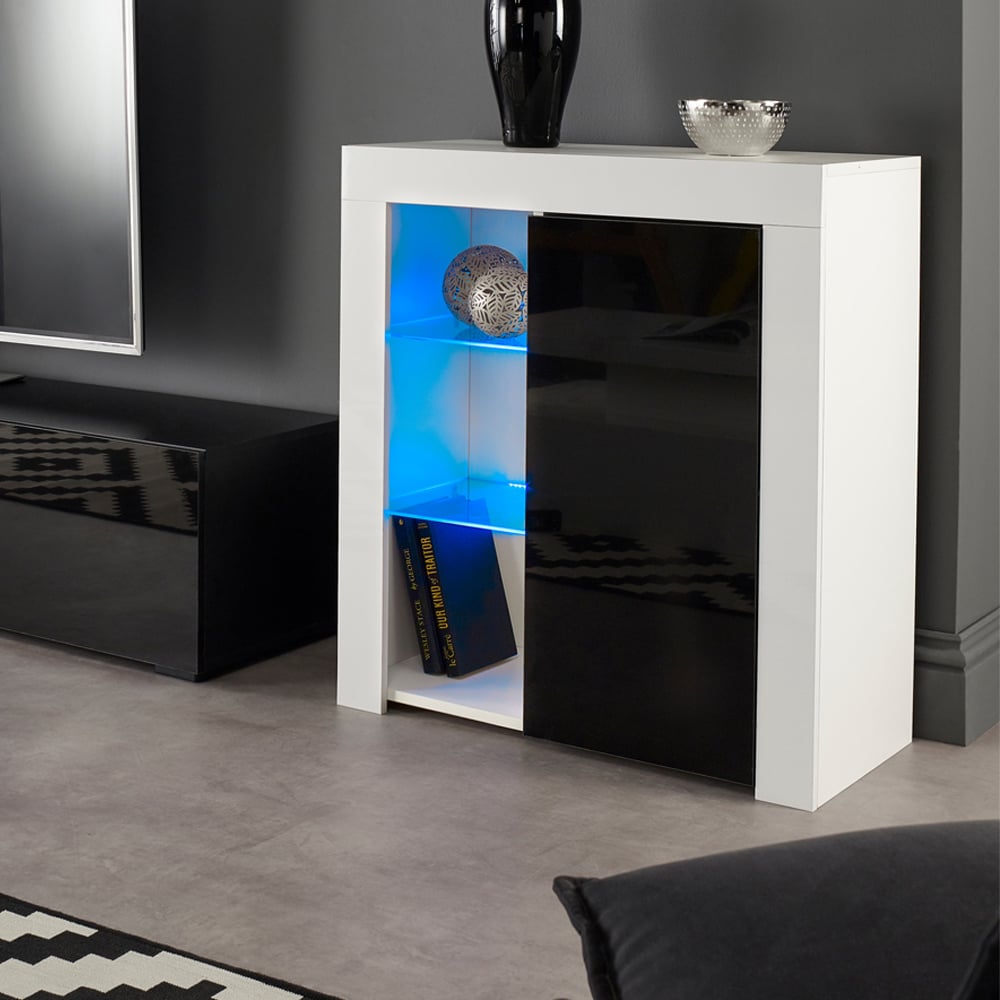 MMT Furniture Designs Single Door 3 Shelf Matt Gloss White and Black Modern Sideboard with LED Image 6