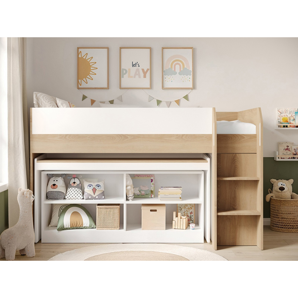 Flair Aiden White and Oak Kids Cabin Bed with Pull-Out Desk and Storage Image 4