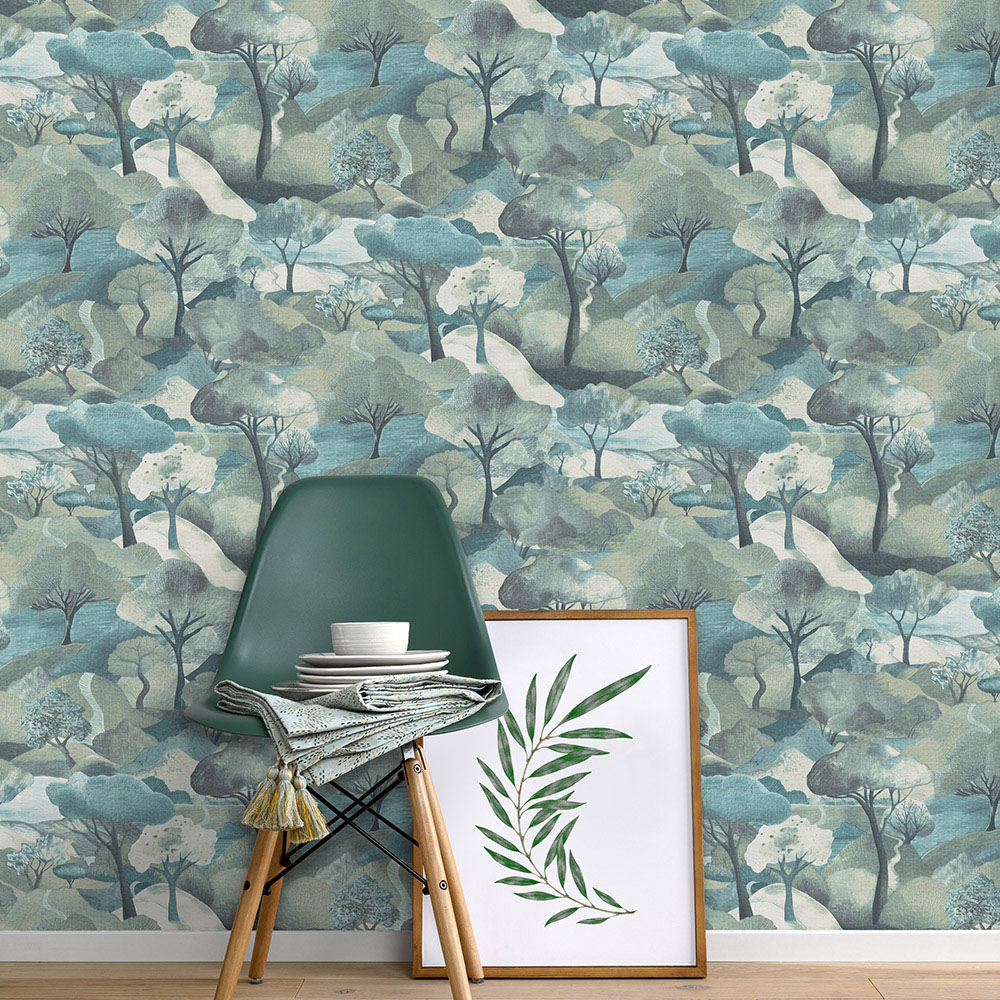 Erismann Tree Landscape Blue Vinyl Wallpaper Image 2