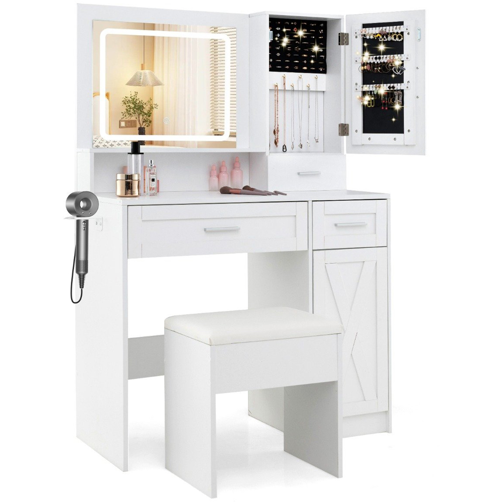 Costway Farmhouse White Dressing Table and Stool Set with Charging Station and LED Mirror Image 2